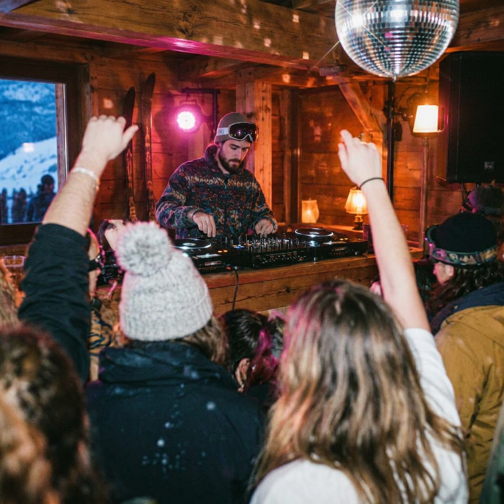 KI-Beispielbild: DJ und Discokugel in einer Holzhütte