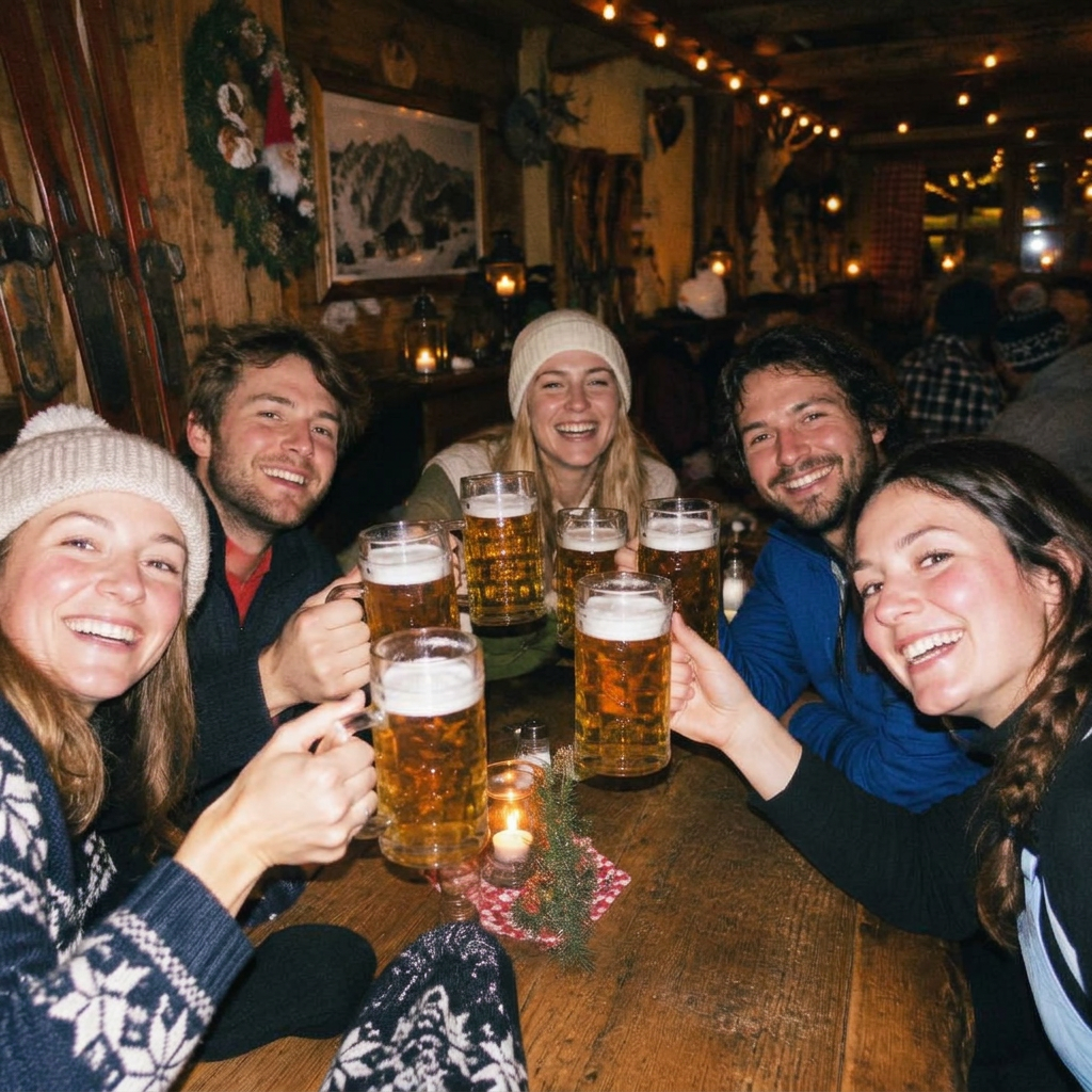 KI-Beispielbild: Freunde stoßen am Hüttentisch mit Bierkrügen an